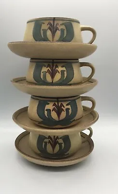 Buy Vintage Honiton Devon Pottery 4 X Cups And Saucers Rustic Style Hand Crafted  • 27.99£