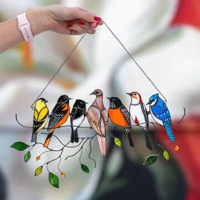 Buy 7 Birds Stained Glass Birds On A Wire Window Panel Hanging Hardware Ornament • 5.49£