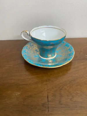 Buy AYNSLEY ENGLAND Bone China Tea Cup And Saucer Teal Blue With Gold Filigree #6282 • 39.67£