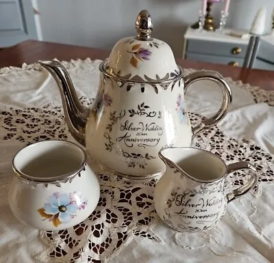 Buy Vintage Arthur Wood Silver Wedding Anniversary Teapot Milk Jug & Sugar Bowl Set • 20£