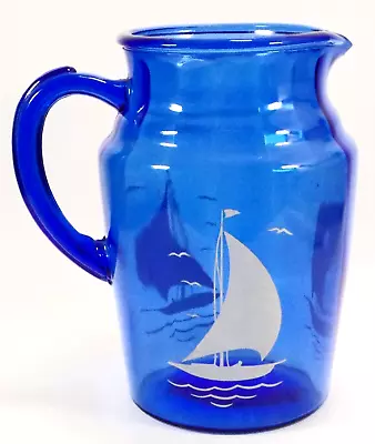 Buy Vintage Hazel Atlas Cobalt Blue Glass Pitcher White Sailboat & Seagulls A Beauty • 20.75£