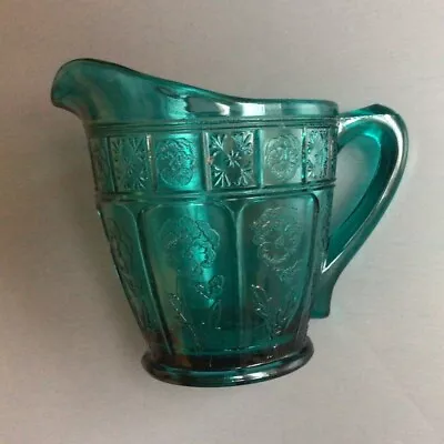 Buy Vintage Mid Century Small Turquoise Glass Jug (poppy Patterned) • 14.99£
