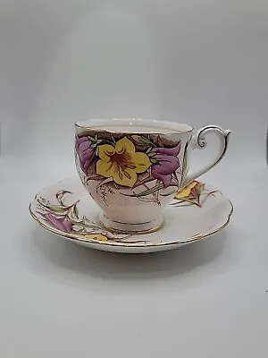 Buy  Queen Anne Fine Bone China England Tea Cup And Saucer. Yellow Purple Floral • 14.23£