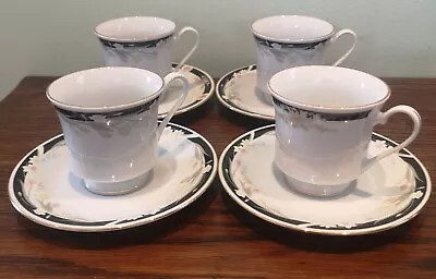 Buy Crown Ming Fine China 4 X Tea Cups And Saucers White With Pink And Grey Flowers • 13.95£
