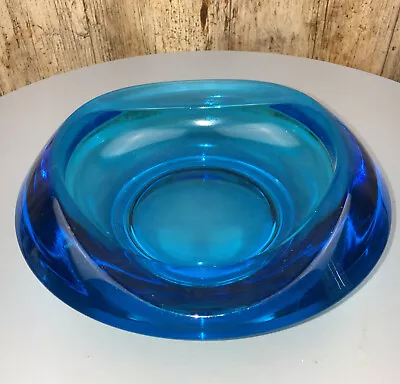 Buy Vintage 1970s Czech Art Glass Electric Blue Boho Elliptical Eye Shape Heavy Dish • 12£