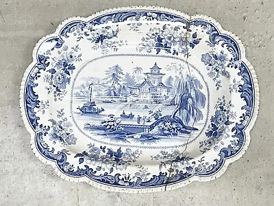 Buy Antique Large Chinese Porcelaine Pottery Willow Blue White Meat Plate Platter • 22.99£