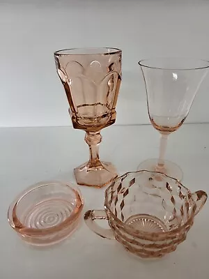 Buy 4 Piece Assorted Pink Depression, Wine Water Glass, Sugar Bowl, Coaster. • 19.21£