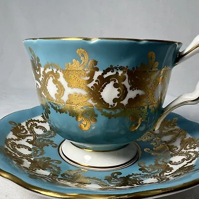 Buy Aynsley Teacup And Saucer England Fine Bone China Blue Agua Gold Turquoise • 34.90£