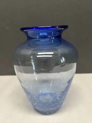 Buy VTG Blenko  Vase 6.75  Blue Crackle Glass Base  Clear Blue Cobalt Rim • 21.13£