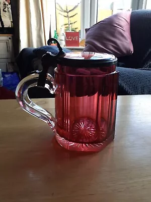 Buy Victorian Cranberry Cut Glass & Pewter Tankard • 6.99£