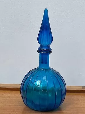 Buy VTG EMPOLI MCM 60s 70s BLUE GLASS ROUND RIBBED GENIE BOTTLE VASE W STOPPER • 16£