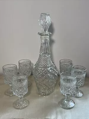 Buy Vintage Anchor Hocking Wexford Decanter Set 6 Goblets Lead Free Glassware • 59.54£
