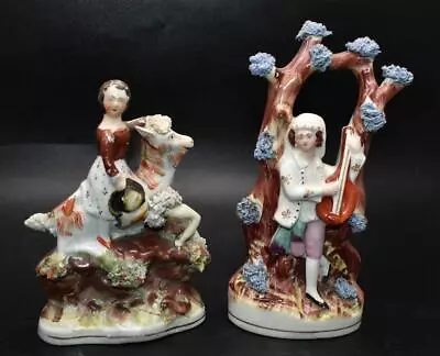 Buy 2 Antique Mid 19thC Staffordshire Porcelain Figures - Arbour And Goat Rider • 0.99£