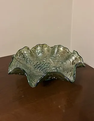 Buy Antique Imperial Iridescent Green Carnival Glass Harvest Grape 9” Ruffled Bowl • 62.38£