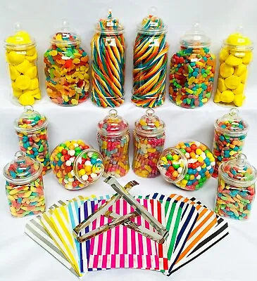Buy 14 Plastic Sweet Jars, 7 Styles, 2 Tongs, 50 Bags For Truly Sweet Candy Buffet • 17.99£