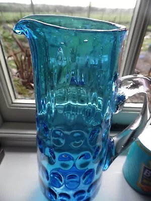 Buy STUNNING VINTAGE TURQUOISE BLUE GLASS JUG WITH BUBBLES And Dimples Style • 29.99£
