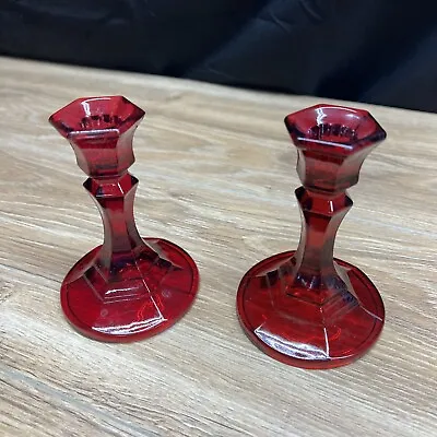 Buy Vtg Indiana Glass Ruby Red Flash Glass Taper Pair Of 4.5  Candlestick Holders • 23.70£