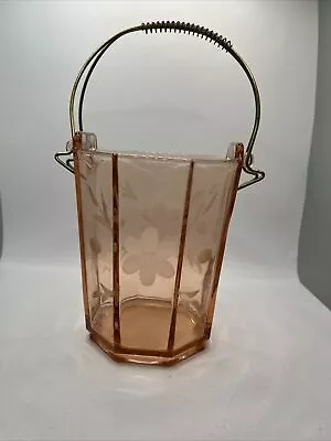 Buy Vintage Depression Art Deco  Pink Etched Floral Glass ICE BUCKET With Handle • 36.93£