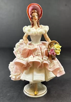 Buy Dresden Germany Porcelain Lace Lady Standing W/Basket Flowers CROWN N Antique • 66.26£