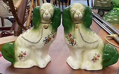 Buy Vintage Pair Of STAFFORDSHIRE Green & Floral Chintz Mantel Dogs  8.5” Tall • 255.19£