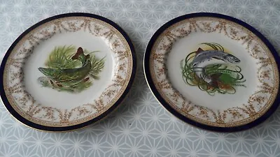 Buy Royal Worcester Vitreous Pair Of Antique Fish Plates - Puce Mark 1905 • 29.99£