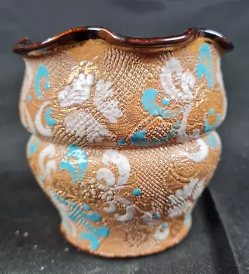 Buy Doulton Lambeth Vase Slater Gold & Blue 10.5cm Wave Rim Stoneware Antique C1891 • 35£