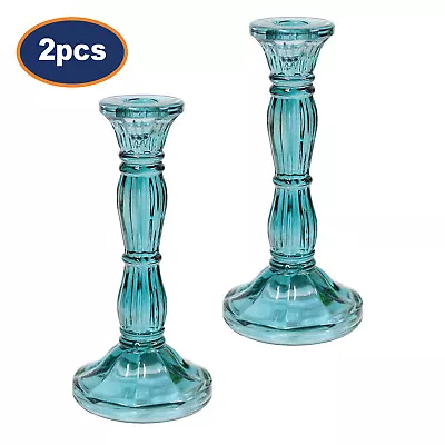 Buy 2pc Blue Glass Candle Stick Holder Wax Bohome Tabletop Dinner Home Wedding Decor • 16.95£