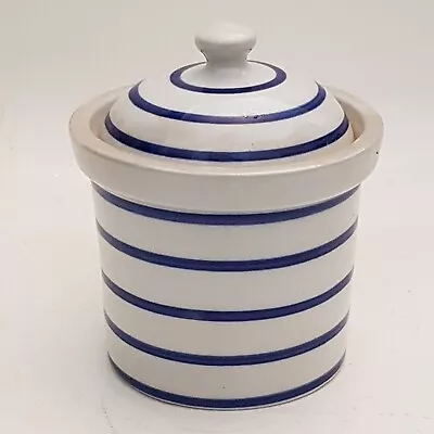 Buy Parlane Striped Pottery Lidded Storage Pot- Mid-century Blue & White (D1) • 18£