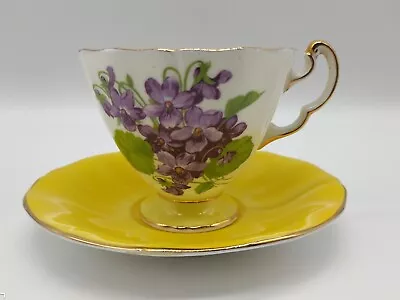 Buy Vtg Adderley England Fine Bone China Cup And Saucer Yellow W/Violets Gold Trim • 28.45£