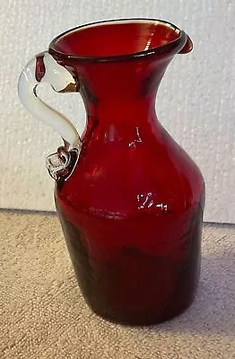 Buy Vintage Cranberry Glass Pitcher Vase 4.75” Hand Blown Crackle Texture • 9.46£