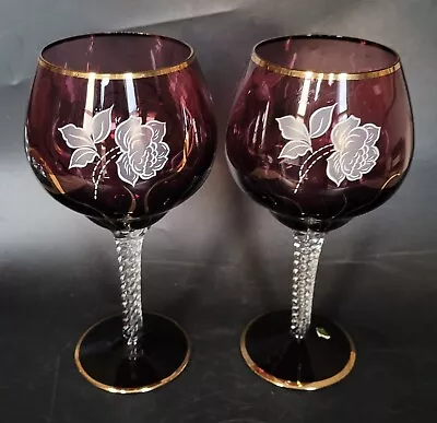 Buy Pair Of Vintage Amethyst Glass Goblet Vases - Roses - Made In Portugal - 25.5 Cm • 30£