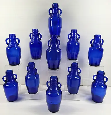 Buy 11 Cobalt Blue Bottles Set Vintage Double Handled Ribbed Neck Glassware Lot • 104.01£