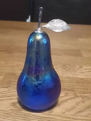 Buy John Ditchfield Blue Iridescent Glass Pear With A Solid Silver Leaf And Stalk • 40£