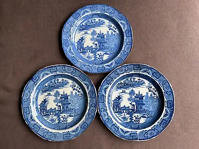 Buy 3 Antique Early Swansea Pottery Pearlware Long Bridge Pattern Plates C1810 • 50£