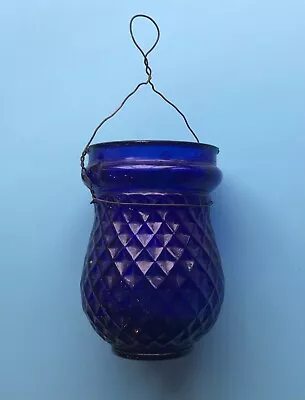 Buy C1890 VICTORIAN FAIRY LIGHT, CANDLE HOLDER, COBALT BLUE GLASS With HANGING WIRE • 11.95£