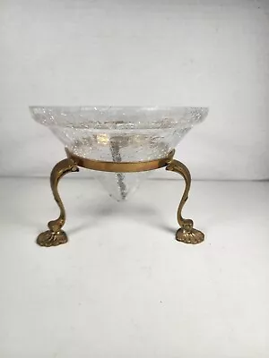 Buy Vtg Solid Brass Stand  & Clear Crackled Glass Floating Bowl Vase Made In India • 26.93£