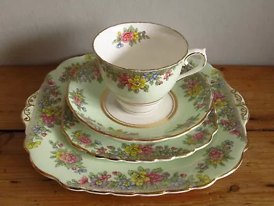 Buy Vintage 1940's COLCLOUGH Bone China Green Floral Cake Plate & Cup Saucer Plate • 16£