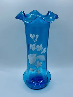 Buy Antique Blue French Art Glass Vase Hand Painted Enamel Flowers Ruffled Rim C1880 • 35.99£