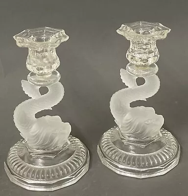 Buy 2 Vintage Dolphin Koi Fish Frosted Satin Clear Glass Candle Holder Pair 8  • 66.59£