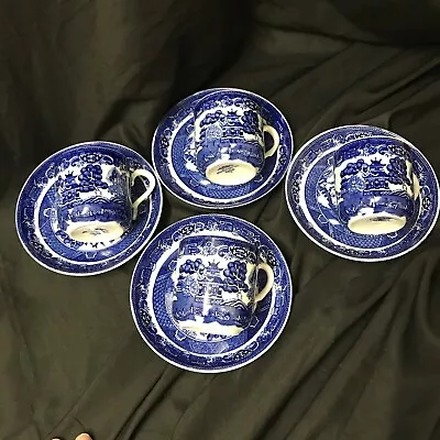 Buy Vintage Adderley Ware Old Willow Blue & White - Set Of 4 Bone China Cup & Saucer • 20£