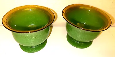 Buy Vintage Handblown Glassware Green W/Amber Rim Opaque Stemmed Small Bowls (2) • 53.76£