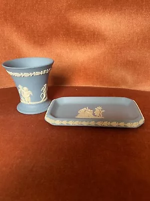 Buy Wedgewood Blue Jasperware Small Grecian Urn And Oblong Trinket Tray • 2.20£