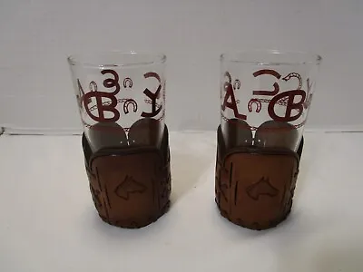 Buy Set 2 Libbey Glass Western  Brands Tumblers With  Bamco Leather Sleeves 1940's • 61.71£