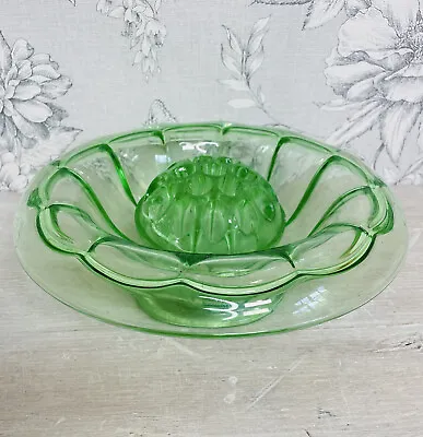Buy Vintage Art Deco Green Glass Bowl And Flower Frog Cloud Dish • 22.95£