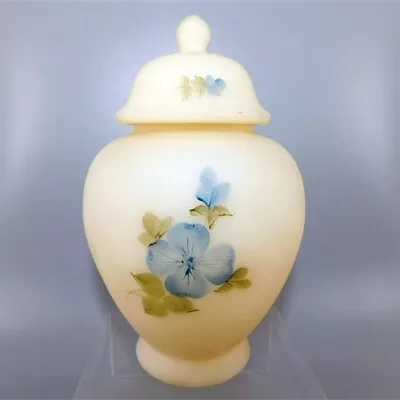 Buy 131/2824 Vintage Fenton Satin Custard Glass Temple Jar & Lid With 'Blue Dogwood' • 34.25£
