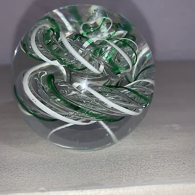 Buy LANGHAM England Art Glass Sphere/Round Paperweight Green & White Streamer Swirls • 15£