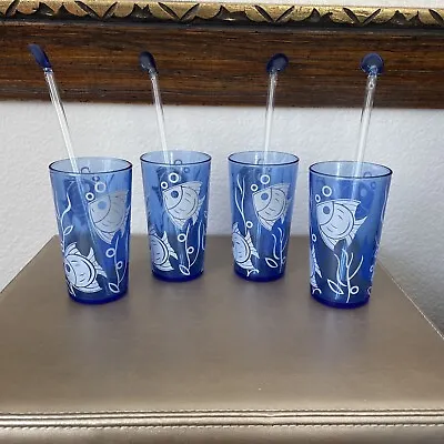 Buy Vtg Lot 4 Hazel Atlas Glasses Cobalt Blue Angelfish Cocktail Depression 5 Oz 30s • 67.12£