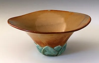 Buy Lynn Trott Art Pottery 6  X 2 3/4  Flared Golden And Turquoise Bowl W/ Leaves • 31.80£