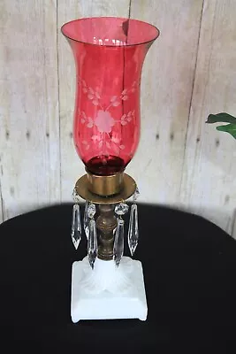 Buy VTG Candle Holder - Red Flash Hurricane Glass On Milk Glass Base & Glass Prisms • 37.93£