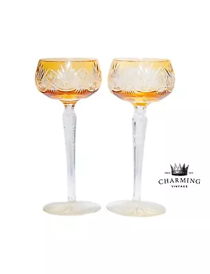 Buy Pair Of Antique Venetian Bohemian Cut To Clear Amber Crystal Glasses • 67.48£
